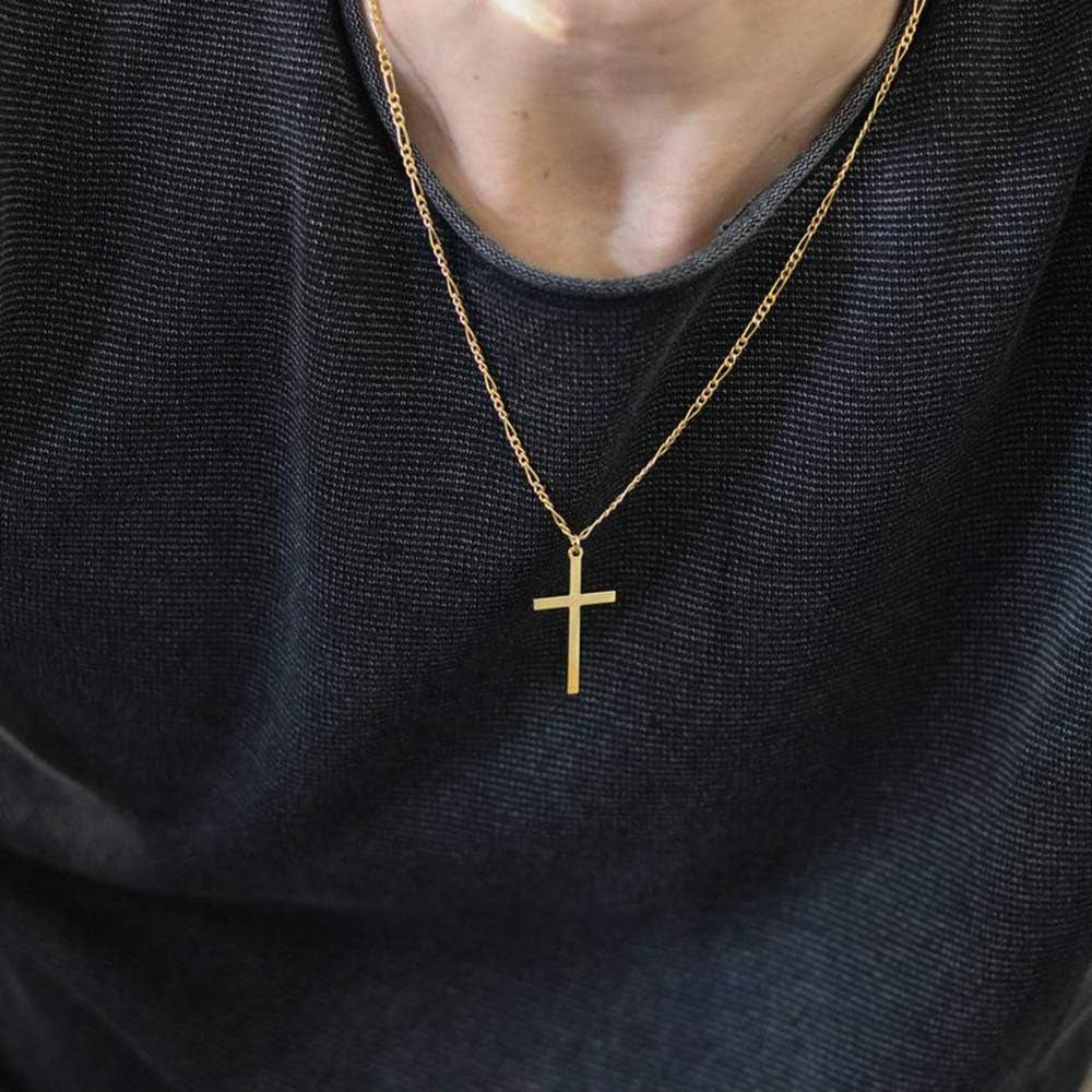 14K Gold Filled Cross Necklace for Men Figaro Chain Stainless Steel Plain Polished Cross Pendant Necklace Simple Faith Jewelry Gift for Women