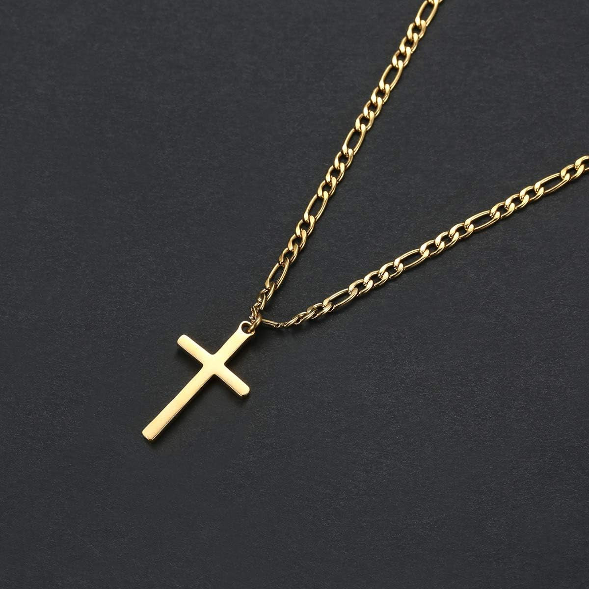 14K Gold Filled Cross Necklace for Men Figaro Chain Stainless Steel Plain Polished Cross Pendant Necklace Simple Faith Jewelry Gift for Women