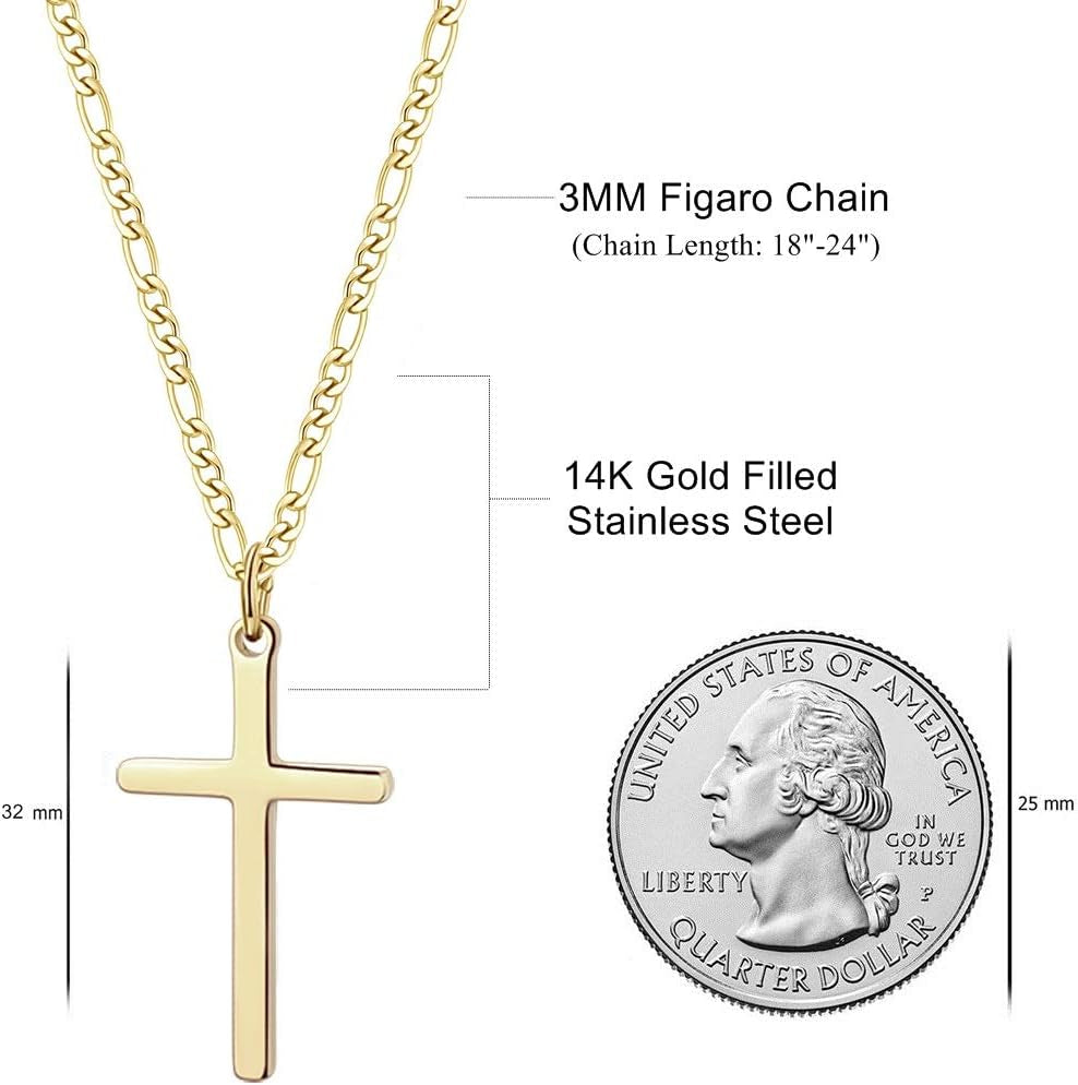 14K Gold Filled Cross Necklace for Men Figaro Chain Stainless Steel Plain Polished Cross Pendant Necklace Simple Faith Jewelry Gift for Women